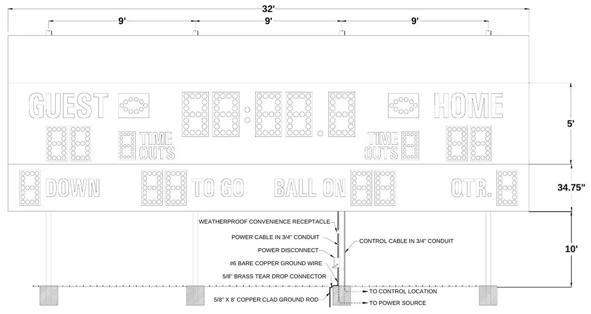Figure 2 MP-374-TK with Top Sponsor Panel Post Spacing — 32' 9', 9', 9', 5', 34.75", WEATHERPROOF CONVENIENCE RECEPTACLE, POWER CABLE IN 3/4" CONDUIT, CONTROL CABLE IN 3/4" CONDUIT, POWER DISCONNECT, 10', #6 BARE COPPER GROUND WIRE, 5/8" BRASS TEAR DROP CONNECTOR, TO CONTROL LOCATION, 5/8" X 8' COPPER CLAD GROUND ROD, TO POWER SOURCE