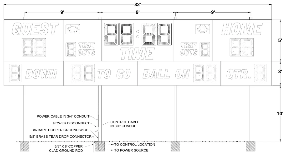 Figure 1 3540 Post Spacing — 32', 9', 9', 9', 5', 3', 10', POWER CABLE IN 3/4" CONDUIT, POWER DISCONNECT, CONTROL CABLE IN 3/4" CONDUIT, #6 BARE COPPER GROUND WIRE, 5/8" BRASS TEAR DROP CONNECTOR, 5/8" X 8' COPPER CLAD GROUND ROD, TO CONTROL LOCATION, TO POWER SOURCE