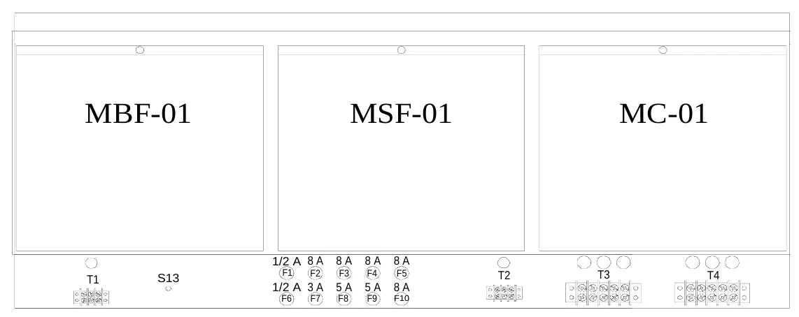 Figure 7 Access Panel Removed — MBF-01, MSF-01, MC-01, 1/2 A 8 A, 8 A, 8 A, 8 A, T1, S13, F1, F2, F3, F4, F5, T2, T3, T4, 1/2 A 3 A, 5 A, 5 A, 8 A, F6, F7, F8, F9, F10