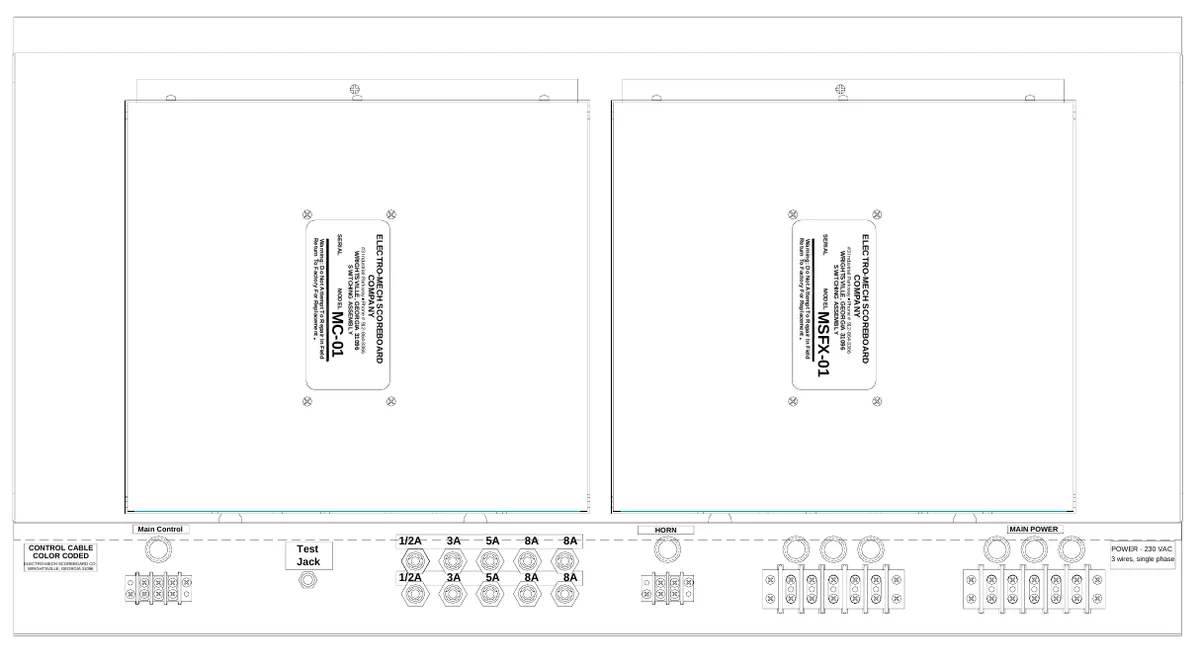 Figure 13 Access Panel Components — Warning: Do Not Attempt To Repair In Field Return To Factory For Replacement, SERIAL, ELECTRO-MECH SCOREBOARD COMPANY, Warning: Do Not Attempt To Repair In Field Return To Factory For Replacement, SERIAL, ELECTRO-MECH SCOREBOARD COMPANY, WRIGHTSVILLE, GEORGIA 31096 SWITCHING ASSEMBLY, #3 Industrial Parkway Phone # 912-864-3366, WRIGHTSVILLE, GEORGIA 31096 SWITCHING ASSEMBLY, #3 Industrial Parkway Phone # 912-864-3366, MODEL, MODEL, MC-01, MSFX-01, Main Control, CONTROL CABLE COLOR CODED, Test Jack, 1/2A, 3A, 5A, 8A, 8A, HORN, MAIN POWER, POWER - 230 VAC 3 wires, single phase, ELECTRO-MECH SCOREBOARD CO. WRIGHTSVILLE, GEORGIA 31096, 1/2A, 3A, 5A, 8A, 8A