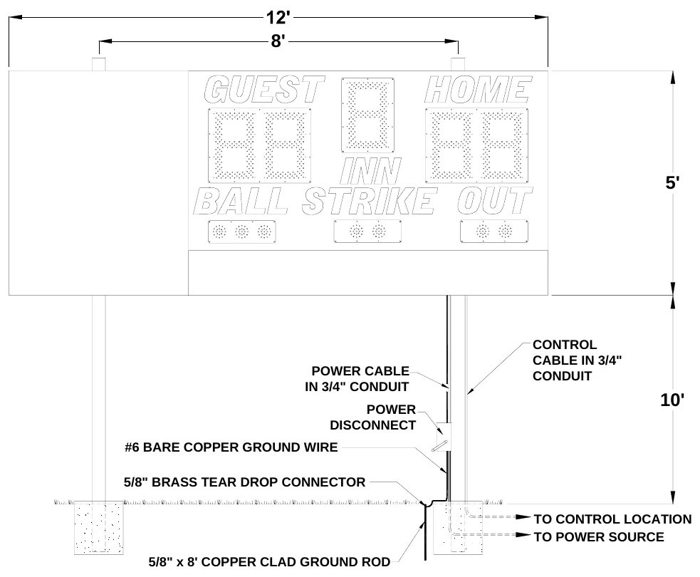 Figure 3 1030 with Optional Bottom and Side Sponsor Panels Post Spacing — 8', 5', CONTROL CABLE IN 3/4" CONDUIT, POWER CABLE IN 3/4" CONDUIT, 10', POWER DISCONNECT, #6 BARE COPPER GROUND WIRE, 5/8" BRASS TEAR DROP CONNECTOR, TO CONTROL LOCATION TO POWER SOURCE, 5/8" x 8' COPPER CLAD GROUND ROD