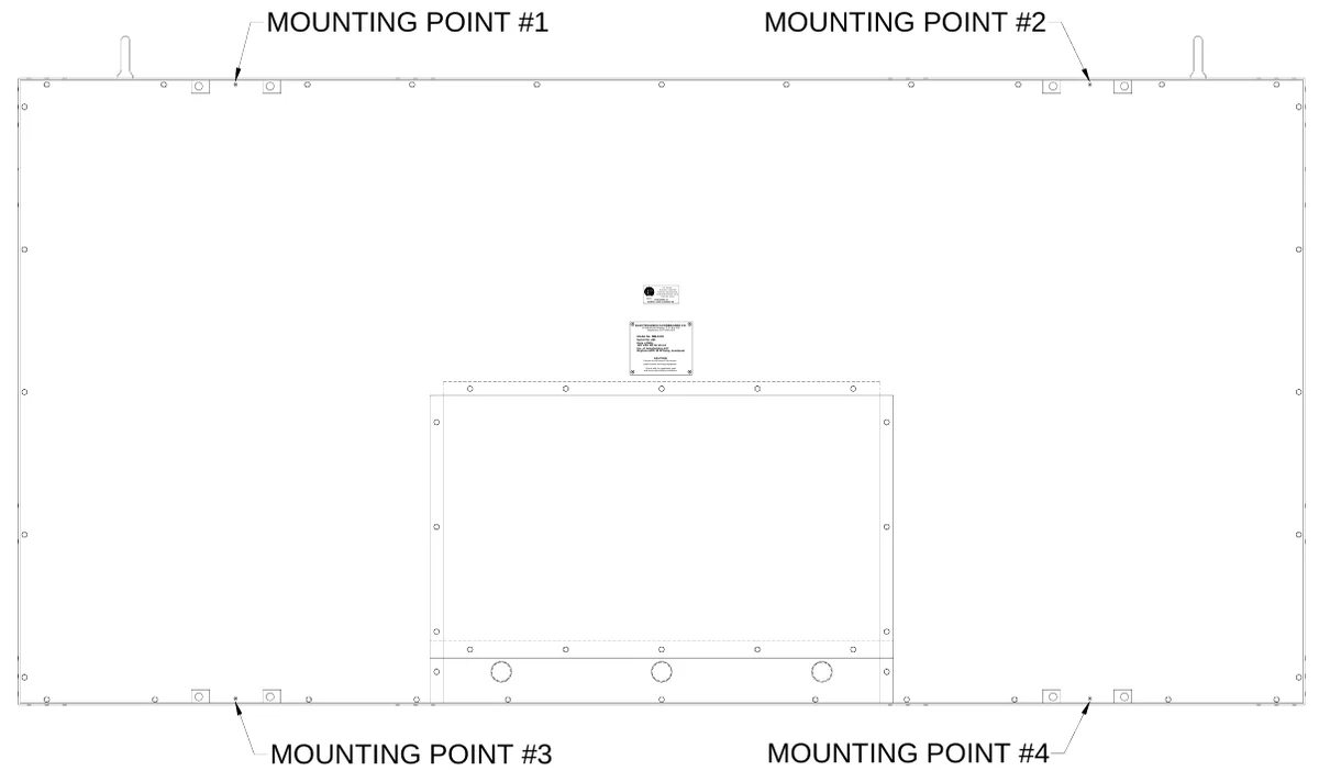Figure 5 Mounting Points — MOUNTING POINT #1, MOUNTING POINT #2, LI S, ANSI/UL-1433 & ANSI/UL-48, T E D, R, US, CONFORMS TO, ETL LISTED ELECTRIC SIGNS AND CONTROL CENTERS FOR CHANGINE MESSAGE TYPE ELECTRIC SIGNS, ELECTRO-MECH SCOREBOARD CO., #3 Industrial Parkway P.O. Box 102, Wrightsville, GA 31096-0102, Electric shock hazard: Disconnect power before servicing equipment, Check with the applicable state and local codes before installation, CAUTION, MOUNTING POINT #3, MOUNTING POINT #4