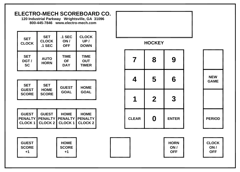 Figure 12 Keypad Layout — ELECTRO-MECH SCOREBOARD CO., 120 Industrial Parkway Wrightsville, GA 31096 800-445-7846 www.electro-mech.com, SET CLOCK, SET CLOCK .1 SEC, .1 SEC ON / OFF, CLOCK UP / DOWN, HOCKEY, SET DGT / SC, AUTO HORN, TIME OF DAY, TIME OUT TIMER, 7, 8, 9, 4, 5, 6, NEW GAME, SET GUEST SCORE, SET HOME SCORE, GUEST GOAL, HOME GOAL, 1, 2, 3, GUEST GUEST HOME HOME PENALTY PENALTY PENALTY PENALTY CLOCK 1 CLOCK 2 CLOCK 1 CLOCK 2, CLEAR, 0, ENTER, PERIOD, GUEST SCORE +1, HOME SCORE +1, HORN ON / OFF, CLOCK ON / OFF