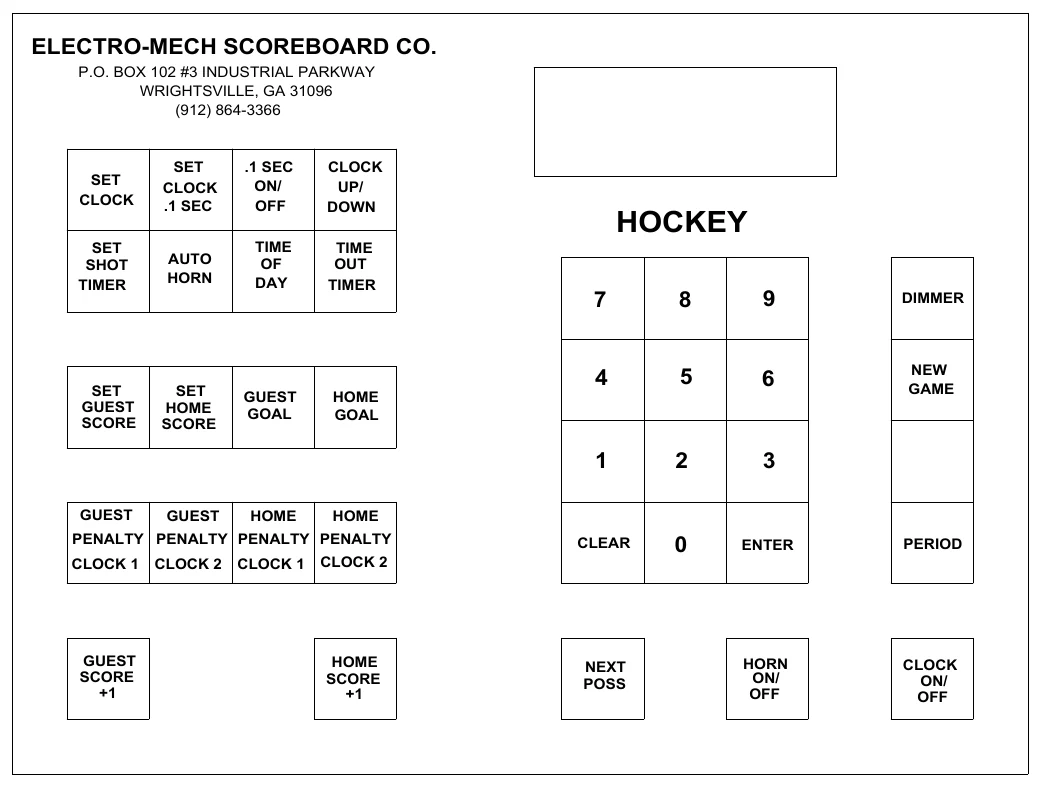 Figure 6 Keypad Layout — ELECTRO-MECH SCOREBOARD CO., P.O. BOX 102 #3 INDUSTRIAL PARKWAY WRIGHTSVILLE, GA 31096 (912) 864-3366, SET CLOCK .1 SEC, .1 SEC ON/ OFF, CLOCK UP/ DOWN, SET CLOCK, HOCKEY, SET SHOT TIMER, TIME OF DAY, TIME OUT TIMER, AUTO HORN, 7, 8, 9, DIMMER, 4, 5, 6, NEW GAME, SET GUEST SCORE, SET HOME SCORE, GUEST GOAL, HOME GOAL, 1, 2, 3, GUEST, GUEST, HOME, HOME, PENALTY PENALTY PENALTY PENALTY, CLEAR, 0, ENTER, PERIOD, CLOCK 1, CLOCK 2, CLOCK 1, CLOCK 2, GUEST SCORE +1, HOME SCORE +1, NEXT POSS, HORN ON/ OFF, CLOCK ON/ OFF
