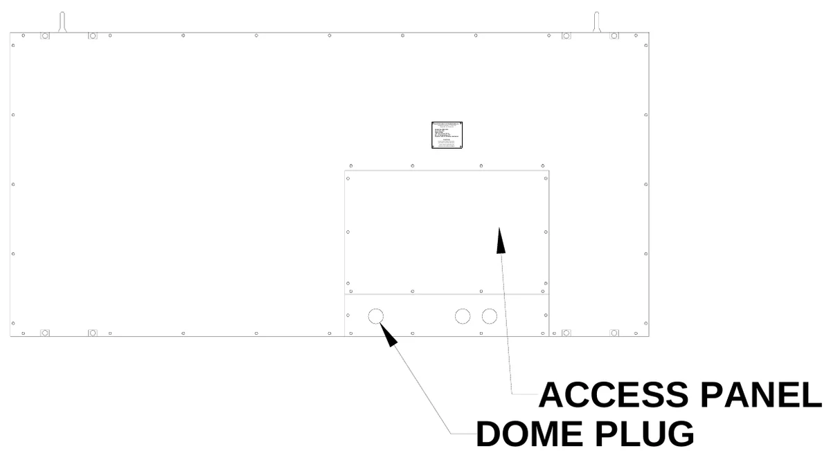 Figure 5 Rear Access Panel — ELECTRO-MECH SCOREBOARD CO., #3 Industrial Parkway P.O. Box 102, Wrightsville, GA 31096-0102, Electric shock hazard: Disconnect power before servicing equipment, Check with the applicable state and local codes before installation, CAUTION, ACCESS PANEL DOME PLUG