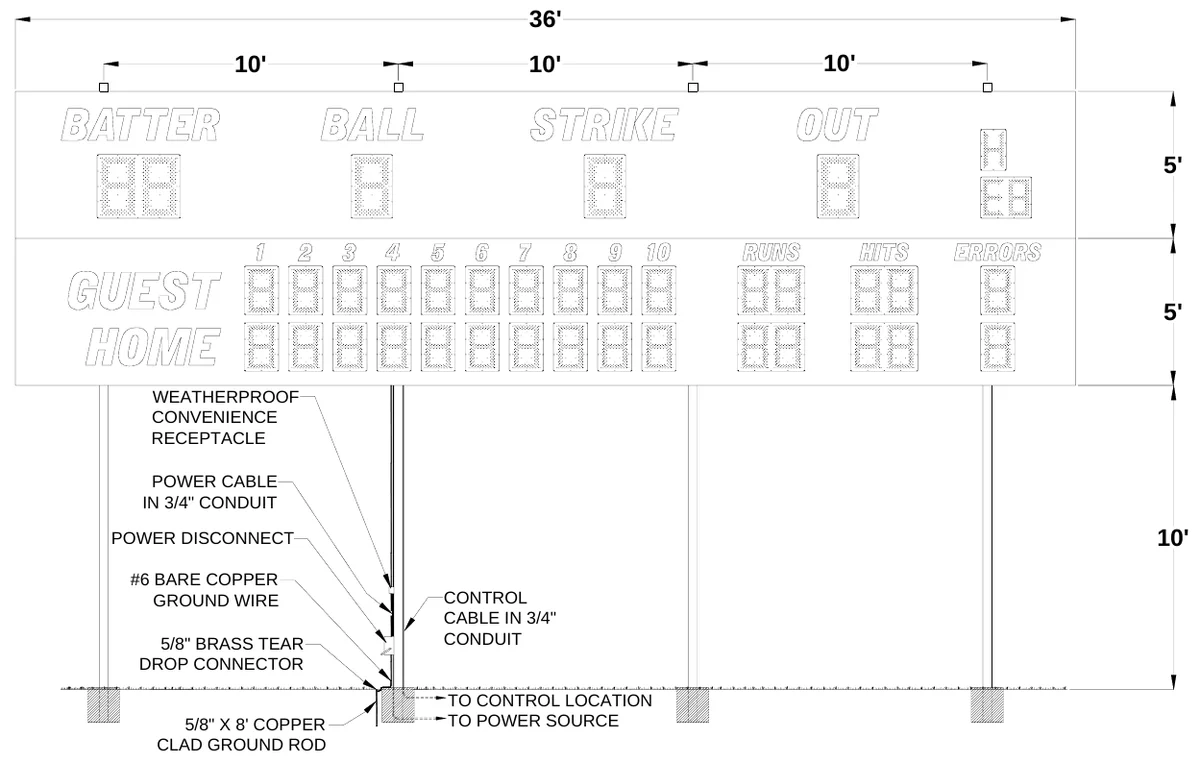 Figure 1 1580 Post Spacing — 36', 10', 10', 10', 5', 5', WEATHERPROOF CONVENIENCE RECEPTACLE, POWER CABLE IN 3/4" CONDUIT, POWER DISCONNECT, 10', #6 BARE COPPER GROUND WIRE, CONTROL CABLE IN 3/4" CONDUIT, 5/8" BRASS TEAR DROP CONNECTOR, TO CONTROL LOCATION TO POWER SOURCE, 5/8" X 8' COPPER CLAD GROUND ROD