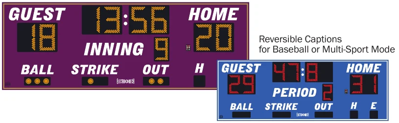 Model LX1390 scoreboard face — Outdoor, Multi-Sport — Reversible Captions for Baseball or Multi-Sport Mode