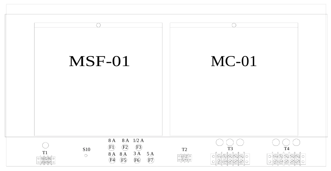 Figure 7 Upper Access Panel Removed — MSF-01, MC-01, 8 A 8 A 1/2 A F1 F2 F3 8 A 8 A 3 A 5 A F4 F5 F6 F7, S10, T1, T2, T3, T4
