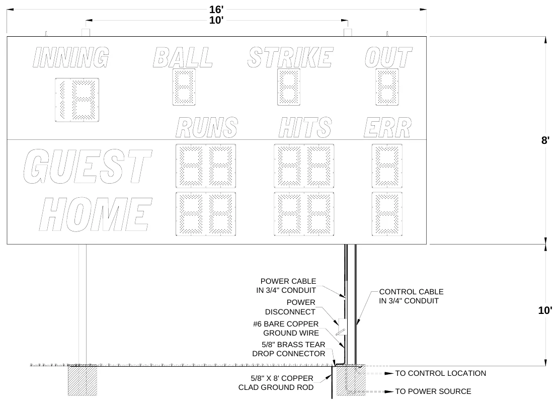Figure 1 1440 Post Spacing — 16' 10', 8', POWER CABLE IN 3/4" CONDUIT, CONTROL CABLE IN 3/4" CONDUIT, POWER DISCONNECT, 10', #6 BARE COPPER GROUND WIRE, 5/8" BRASS TEAR DROP CONNECTOR, 5/8" X 8' COPPER CLAD GROUND ROD, TO CONTROL LOCATION, TO POWER SOURCE