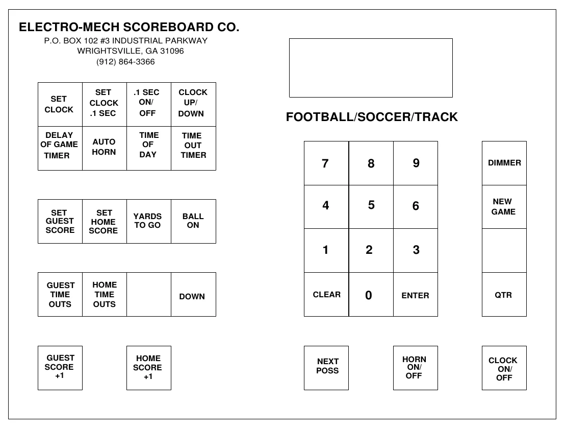 Figure 10 Keypad Layout — ELECTRO-MECH SCOREBOARD CO., P.O. BOX 102 #3 INDUSTRIAL PARKWAY WRIGHTSVILLE, GA 31096 (912) 864-3366, SET CLOCK .1 SEC, .1 SEC ON/ OFF, CLOCK UP/ DOWN, SET CLOCK, FOOTBALL/SOCCER/TRACK, DELAY OF GAME TIMER, TIME OF DAY, TIME OUT TIMER, AUTO HORN, 7, 8, 9, DIMMER, 4, 5, 6, NEW GAME, SET GUEST SCORE, SET HOME SCORE, YARDS TO GO, BALL ON, 1, 2, 3, GUEST TIME OUTS, HOME TIME OUTS, DOWN, CLEAR, 0, ENTER, QTR, GUEST SCORE +1, HOME SCORE +1, NEXT POSS, HORN ON/ OFF, CLOCK ON/ OFF