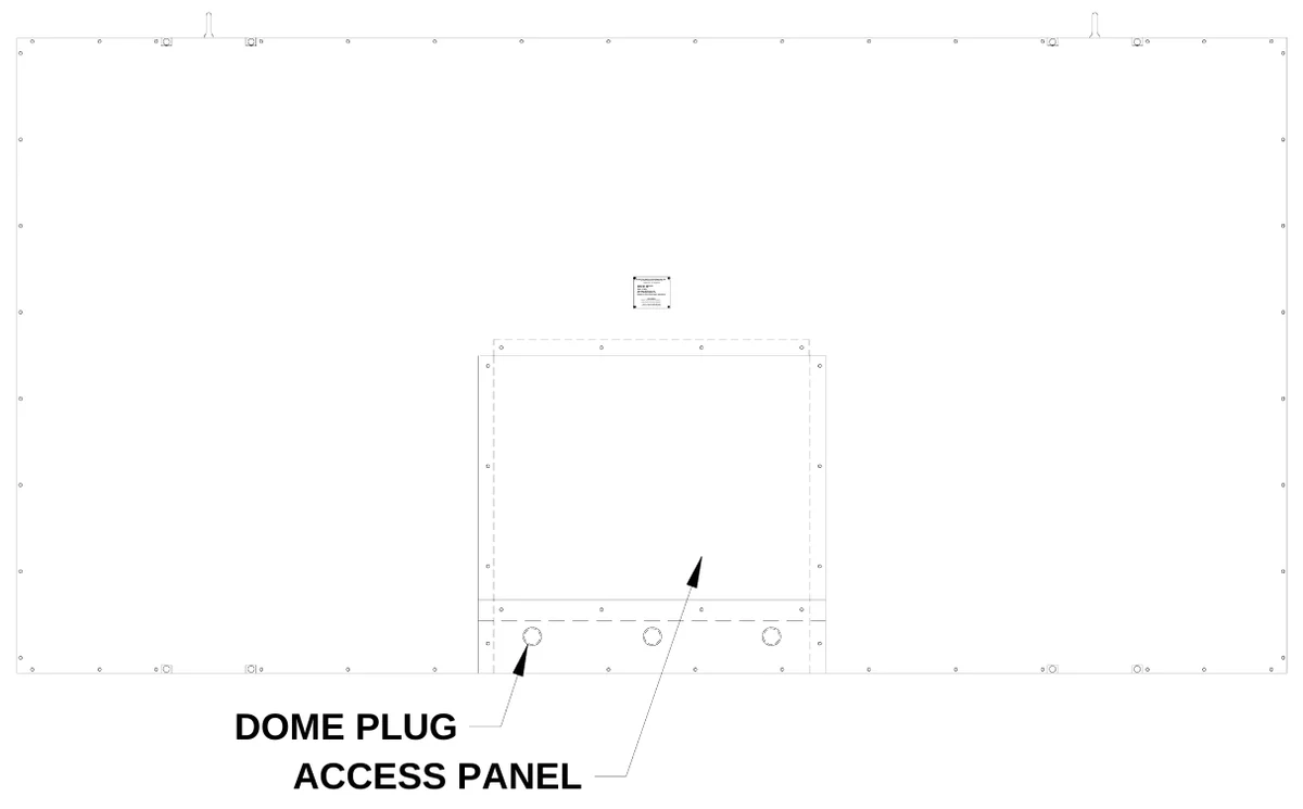 Figure 7 Rear Access Panel — ELECTRO-MECH SCOREBOARD CO., #3 Industrial Parkway P.O. Box 102 Wrightsville, GA 31096-0102, Electric shock hazard: Discon nect power before servicing equipment, Check w ith the applicable state an d local codes before installation, CAUTION, DOME PLUG ACCESS PANEL