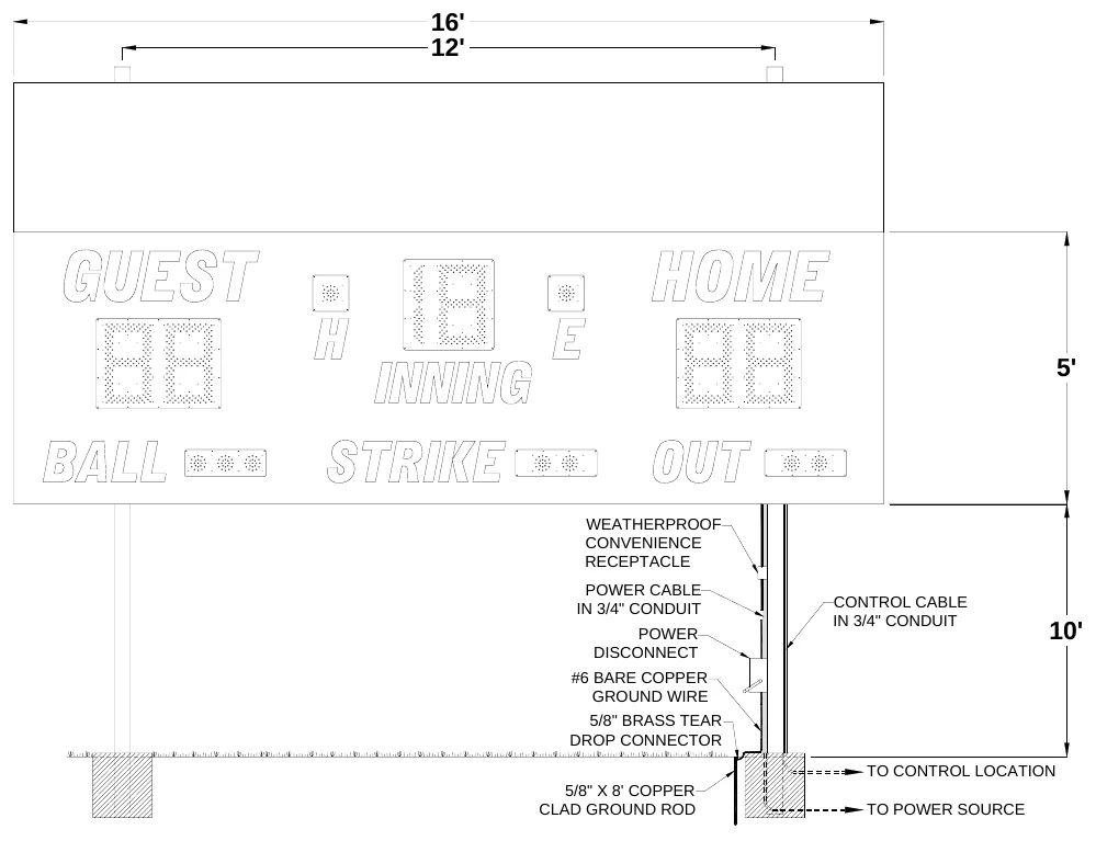 Figure 4 1070 with Top Sponsor Panel Post Spacing — 16' 12', 5', WEATHERPROOF CONVENIENCE RECEPTACLE, POWER CABLE IN 3/4" CONDUIT, CONTROL CABLE IN 3/4" CONDUIT, POWER DISCONNECT, 10', #6 BARE COPPER GROUND WIRE, 5/8" BRASS TEAR DROP CONNECTOR, TO CONTROL LOCATION, 5/8" X 8' COPPER CLAD GROUND ROD, TO POWER SOURCE