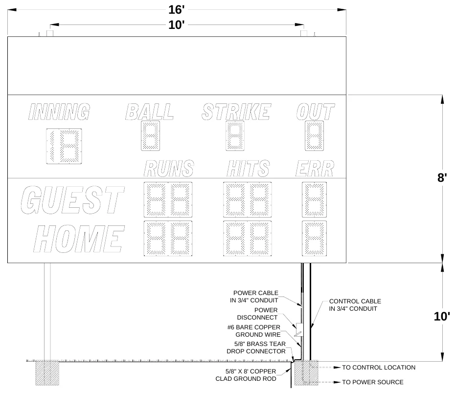 Figure 3 1440 with Optional Top Sponsor Panel Post Spacing — 16' 10', 8', POWER CABLE IN 3/4" CONDUIT, CONTROL CABLE IN 3/4" CONDUIT, POWER DISCONNECT, 10', #6 BARE COPPER GROUND WIRE, 5/8" BRASS TEAR DROP CONNECTOR, 5/8" X 8' COPPER CLAD GROUND ROD, TO CONTROL LOCATION, TO POWER SOURCE