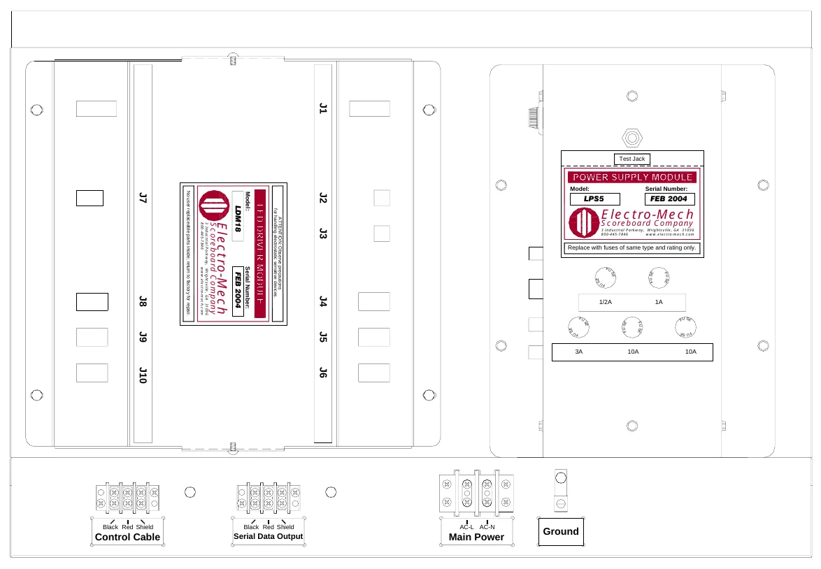 Figure 15 Access Panel Components — J1, Test Jack, J7, No user replaceable parts inside; return to factory for repair., Model:, J2, Model:, LPS5, Serial Number:, FEB 2004, LDM18, ATTENTION: Observe precautions for handling electrostatic sensitive devices., Electro-Mech, 3 Industrial Parkway, Wrightsville, GA 31096 800-445-7846 www.electro-mech.com, Scoreboard Company, Electro-Mech, Scoreboard Company, J3, 3 Industrial Parkway, Wrightsville, GA 31096 800-445-7846 www.electro-mech.com, Replace with fuses of same type and rating only., FEB 2004, Serial Number:, F U, S E, S E, FU S E, F U S E, F U, J8, J4, 1/2A, 1A, F U, S E, SE, FU S E, FU SE, S F U E, J9, J5, F U, S FU E, 3A, 10A, 10A, J10, J6, Black Red Shield, Black Red Shield, AC-L AC-N, Control Cable, Serial Data Output, Main Power, Ground