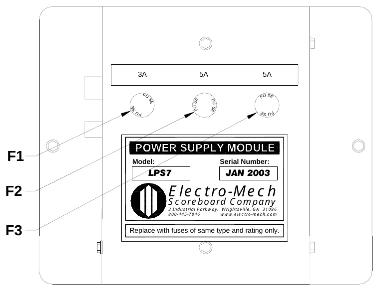 Figure 17 LPS7 Fuse Locations — 3A, 5A, 5A, J2, F U, S F U E, S E, F U S E, F U S E, S E, F U, S F U E, J1, F1, Model:, Serial Number:, LPS7, JAN 2003, Electro-Mech, F2, Scoreboard Company, 3 Industrial Parkway, Wrightsville, GA 31096 800-445-7846 www.electro-mech.com, F3, Replace with fuses of same type and rating only.
