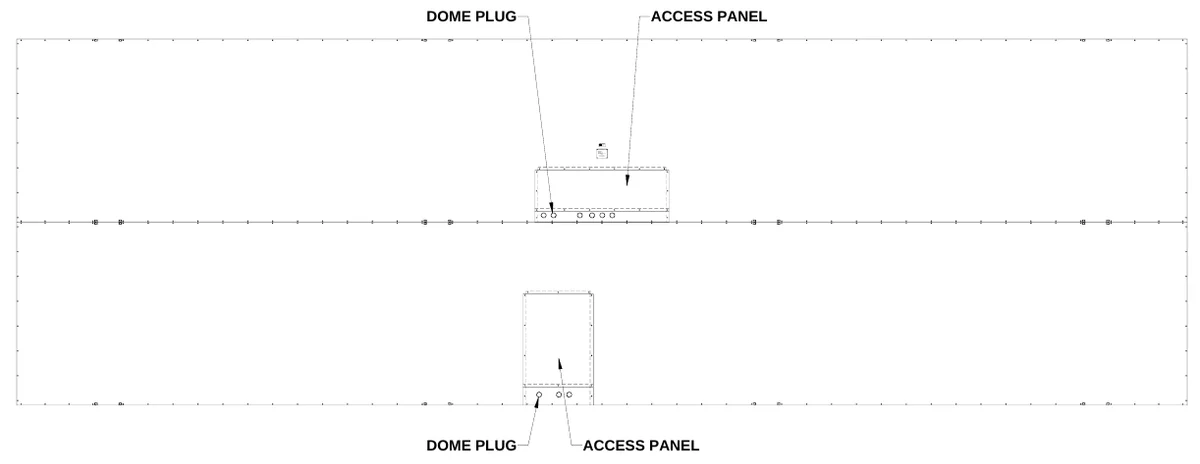 Figure 5 Rear Access Panels — DOME PLUG, ACCESS PANEL, ELECTRO -MECH SCOREBO ARD CO., #3 I n dust ria l P arkway P. O. B ox 10 2, E e l ct ri c shoc k ha zard: Di sconnect p ower be fore servi ci ng equi pment, Ch eck wit h t he app i l cabl e sta te and l ocal c odes bef ore n i stal l ati on, A NS I/ UL 1 - 4 33 & AN SI/ UL- 48, Wr i ghts vi l e, G A 3109 6- 0102, CAUTION, CON F O RM S TO, C HANG IN E MESSAGE TYPE ELECTR IC SIG NS, ET L LISTED ELECTR IC SIGNS AND CO NTROL C ENTERS FOR, DOME PLUG, ACCESS PANEL