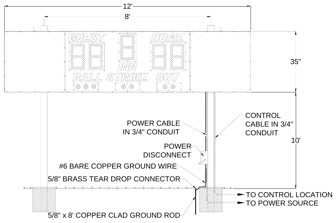 Figure 3 1050 with Two Side Sponsor Panels Post Spacing — 12' 8', 35", CONTROL CABLE IN 3/4" CONDUIT 10', POWER CABLE IN 3/4" CONDUIT, POWER DISCONNECT, #6 BARE COPPER GROUND WIRE, 5/8" BRASS TEAR DROP CONNECTOR, TO CONTROL LOCATION TO POWER SOURCE, 5/8" x 8' COPPER CLAD GROUND ROD