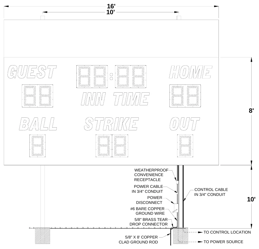 Figure 3 3450 with Top Sponsor Panel Post Spacing — 16' 10', 8', WEATHERPROOF CONVENIENCE RECEPTACLE, POWER CABLE IN 3/4" CONDUIT, CONTROL CABLE IN 3/4" CONDUIT, POWER DISCONNECT, 10', #6 BARE COPPER GROUND WIRE, 5/8" BRASS TEAR DROP CONNECTOR, TO CONTROL LOCATION, 5/8" X 8' COPPER CLAD GROUND ROD, TO POWER SOURCE