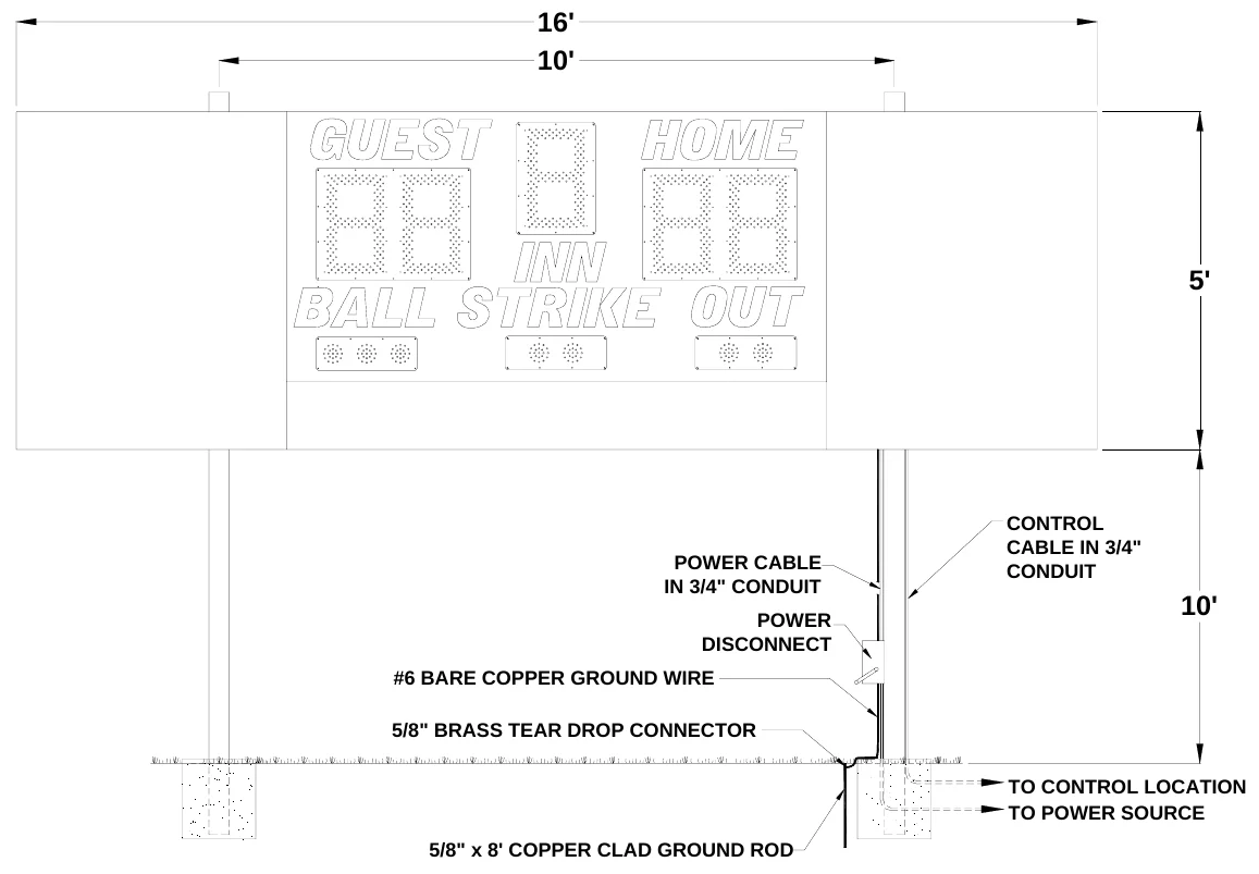 Figure 4 1030 with Optional Bottom and Two Side Sponsor Panels Post Spacing — 16' 10', 5', CONTROL CABLE IN 3/4" CONDUIT, POWER CABLE IN 3/4" CONDUIT, 10', POWER DISCONNECT, #6 BARE COPPER GROUND WIRE, 5/8" BRASS TEAR DROP CONNECTOR, TO CONTROL LOCATION TO POWER SOURCE, 5/8" x 8' COPPER CLAD GROUND ROD