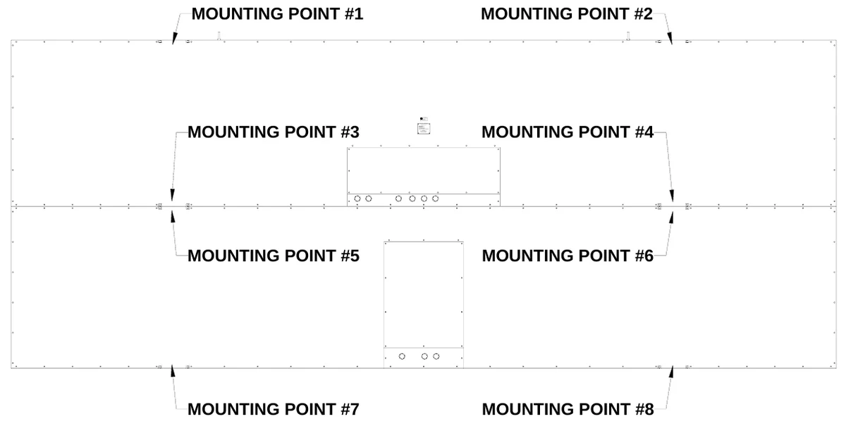 Figure 3 Mounting Points — MOUNTING POINT #1, MOUNTING POINT #2, MOUNTING POINT #3, E LEC TRO-ME CH SC OREBOAR D C O., # 3 Indu strial Parkway P.O. Box 10 2, L I S, A NSI/UL -1433 & A NSI/U L-48, Wrightsville, GA 31096-0102, TE, D, R, US, C ON FO RM S TO, CHANGI NE MESSAGE T YPE ELECT RI C SIGNS, ELECT RI C SI GNS AND CONT ROL CENTERS F OR, ET L LI STED, Electric shock hazard: Disconnect power befor e servicing equipment, Check with the applicable state and local codes before installation, CA UTI ON, MOUNTING POINT #4, MOUNTING POINT #5, MOUNTING POINT #6, MOUNTING POINT #7, MOUNTING POINT #8