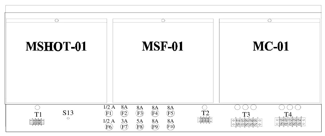 Figure 13 Access Panel Components — 1/2 A F1 1/2 A F6, 8A F2 3A F7, 8A F3 5A F8, 8A F4 8A F9, 8A F5 8A, T1, S13, T2, T3, T4, F10