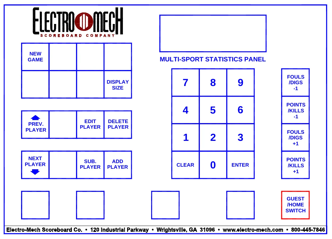 Figure 5 2055 Keypad Layout — NEW GAME, MULTI-SPORT STATISTICS PANEL, FOULS /DIGS -1, DISPLAY SIZE, POINTS /KILLS -1, PREV. PLAYER, EDIT PLAYER, DELETE PLAYER, FOULS /DIGS +1, NEXT PLAYER, SUB. PLAYER, ADD PLAYER, POINTS /KILLS +1, CLEAR, ENTER, GUEST /HOME SWITCH
