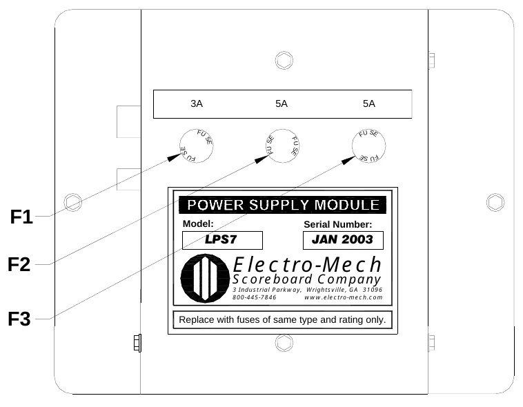 Figure 24 LPS7 Fuse Locations — 3A, 5A, 5A, J2, F U, S F U E, S E, F U S E, F U S E, S E, F U, S F U E, J1, F1, Model:, Serial Number:, LPS7, JAN 2003, Electro-Mech, F2, Scoreboard Company, 3 Industrial Parkway, Wrightsville, GA 31096 800-445-7846 www.electro-mech.com, F3, Replace with fuses of same type and rating only.