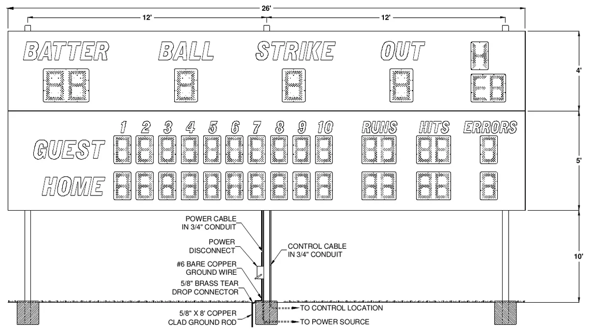 Figure 1 1550 Post Spacing — 26', 12', 12', 4', 5', POWER CABLE IN 3/4" CONDUIT, POWER DISCONNECT, CONTROL CABLE IN 3/4" CONDUIT, 10', #6 BARE COPPER GROUND WIRE, 5/8" BRASS TEAR DROP CONNECTOR, TO CONTROL LOCATION, 5/8" X 8' COPPER CLAD GROUND ROD, TO POWER SOURCE