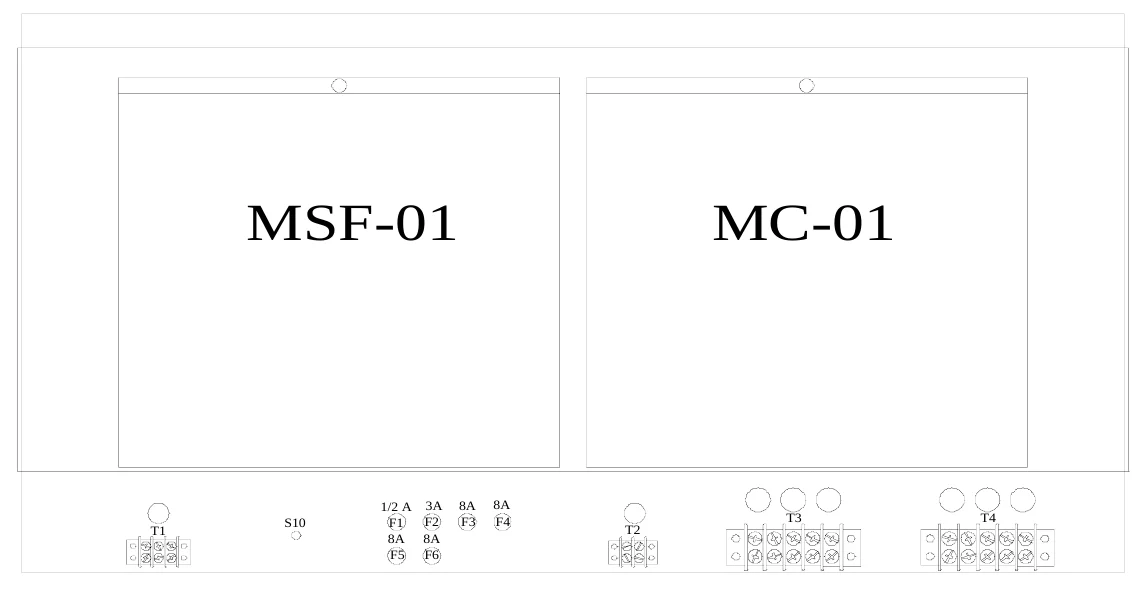 Figure 20 Access Panel Components — MSF-01, MC-01, 1/2 A 3A F2 F1 8A 8A F5 F6, 8A F3, 8A F4, T3, T4, T1, S10, T2