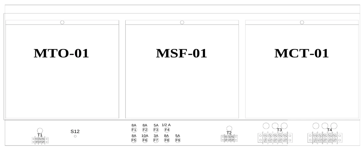 Figure 12 Upper Access Panel Removed — MTO-01, MSF-01, MCT-01, 8A F1, 8A F2, 5A 1/2 A F3 F4, S12, T3, T4, T1, 8A F5, 10A F6, 3A F7, 8A F8, 5A F9, T2