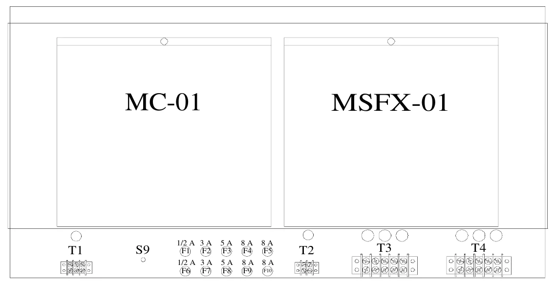 Figure 6 Access Panel Removed — MC-01, MSFX-01, 5 A F3 5 A F8, 8 A 8 A F4 F5 8 A 8 A F10 F9, T1, S9, 1/2 A 3 A F1 F2 1/2 A 3 A F6 F7, T2, T3, T4