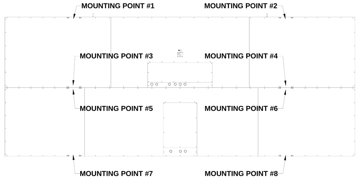 Figure 4 Mounting Points — MOUNTING POINT #1, MOUNTING POINT #2, MOUNTING POINT #3, ELEC TR O-MECH SCOR EBOAR D C O., #3 In dustr a i l Pa rkway P .O. Box 102, L I S ED T, Electric shock hazard: Disconnect power before ser vicing equipment, Check with the applicable state and local codes before installation, W rightsville, GA 31096-0102, ANS I/UL-1433 & AN SI/U L-48, R, US, CONFO RMS TO, ETL L IS T ED EL ECT RIC SIGNS AND CONTROL CENT ERS F OR CHANGINE MESSAGE T YPE EL ECT RIC SIGNS, C AUTION, MOUNTING POINT #4, MOUNTING POINT #5, MOUNTING POINT #6, MOUNTING POINT #7, MOUNTING POINT #8