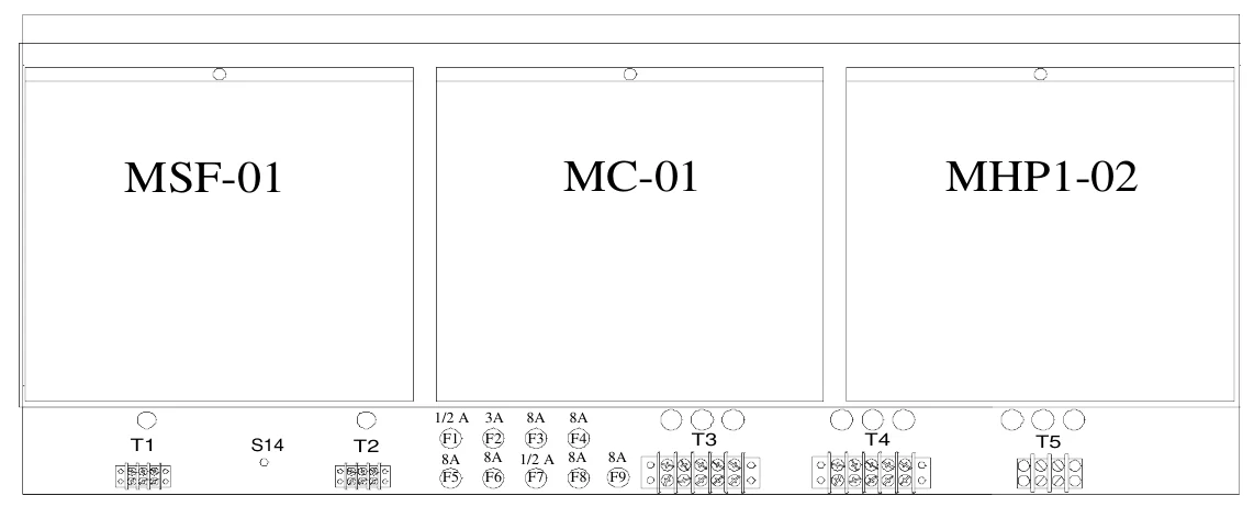 Figure 7 Upper Access Panel Removed — MSF-01, MC-01, MHP1-02, 1/2 A 3A F1 F2 8A 8A F5 F6, 8A 8A F3 F4 1/2 A 8A F7 F8, T1, S14, T2, T3, T4, T5, 8A F9