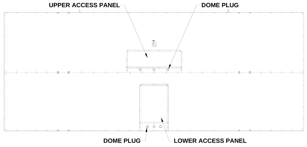 Figure 7 Rear Access Panels — UPPER ACCESS PANEL, DOME PLUG, ELE CTRO-MECH SCOREBOARD CO., #3 Indust rial P arkway P.O. Box 102 Wrightsville, GA 31096- 0102, IL, A NSI/U L-1433 & ANS I/UL-48, S TE, D, R, US, C ONFORMS TO, CHANGINE MESSAGE T YPE ELECT RIC SIGNS, ETL L IS T ED ELECT RIC SIGNS AND CONT ROL CENTERS FOR, Check with the applic able state and local codes befor e installation, Elect ric shock hazar d: Disconnect power before ser vic ing equipment, CAUTI ON, DOME PLUG, LOWER ACCESS PANEL