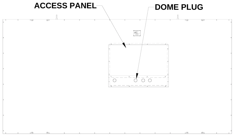Figure 6 Rear Access Panel — ACCESS PANEL, DOME PLUG, E LECTRO-MECH SCOREBOARD CO., #3 Ind ustrial Pa rkw ay P.O. Box 10 2 Wri ghtsville, GA 310 96-0102, Electric shock hazard : Disconnect powe r be fore se rvi cing equ ipment, Check with th e appli cable state a nd local co des before installation, CAUTION