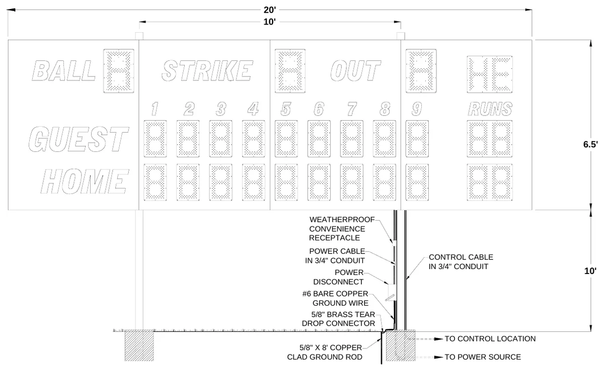 Figure 1 1530 Post Spacing — 20' 10', 6.5', WEATHERPROOF CONVENIENCE RECEPTACLE, POWER CABLE IN 3/4" CONDUIT, CONTROL CABLE IN 3/4" CONDUIT, POWER DISCONNECT, 10', #6 BARE COPPER GROUND WIRE, 5/8" BRASS TEAR DROP CONNECTOR, TO CONTROL LOCATION, 5/8" X 8' COPPER CLAD GROUND ROD, TO POWER SOURCE