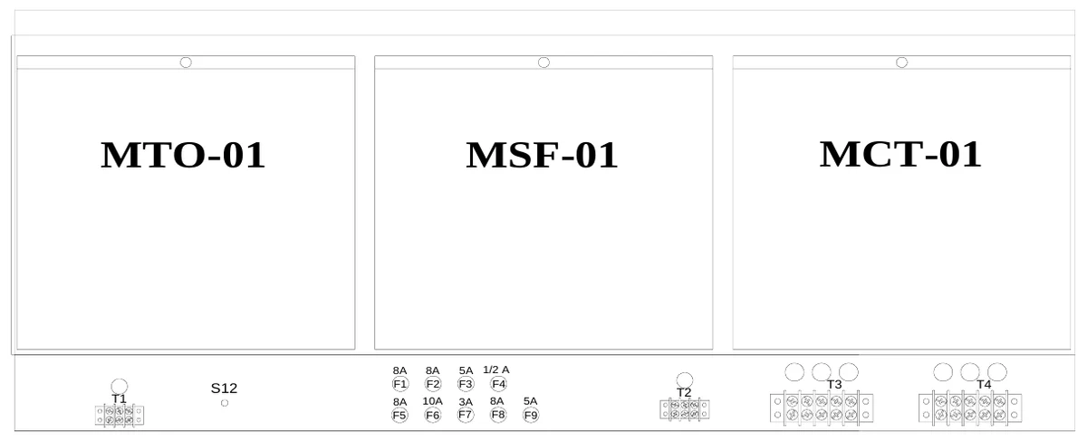 Figure 12 Upper Access Panel Components — MTO-01, MSF-01, MCT-01, 8A F1, 8A F2, 5A 1/2 A F3 F4, S12, T3, T4, T1, 8A F5, 10A F6, 3A F7, 8A F8, 5A F9, T2