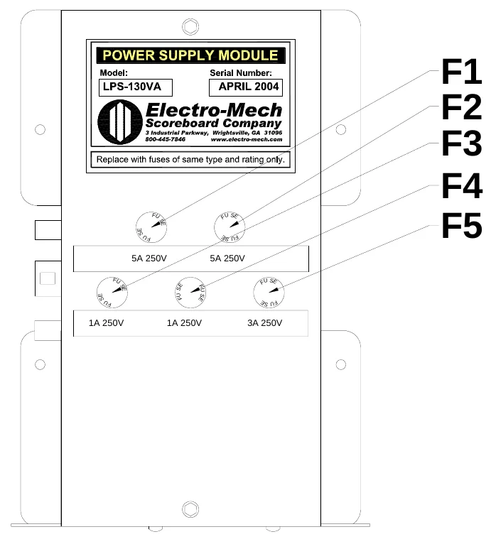 Figure 8 LPS-130VA Fuse Locations — F1 F2 F3 F4 F5, F U, S E, S F U E, S E, F U, S F U E, 5A 250V, 5A 250V, FU, S E, FU SE, S E, F U S E, S F U E, FU, S F U E, 1A 250V, 1A 250V, 3A 250V