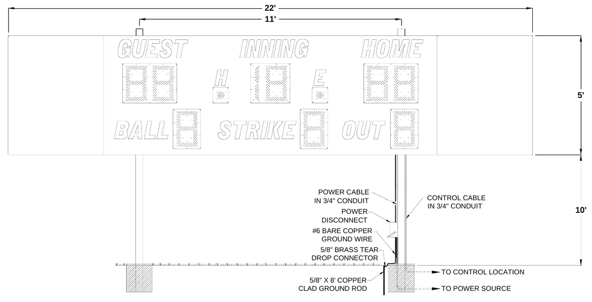 Figure 3 1250 with Two Side Sponsor Panels Post Spacing — 22' 11', 5', POWER CABLE IN 3/4" CONDUIT, CONTROL CABLE IN 3/4" CONDUIT, POWER DISCONNECT, 10', #6 BARE COPPER GROUND WIRE, 5/8" BRASS TEAR DROP CONNECTOR, TO CONTROL LOCATION, 5/8" X 8' COPPER CLAD GROUND ROD, TO POWER SOURCE