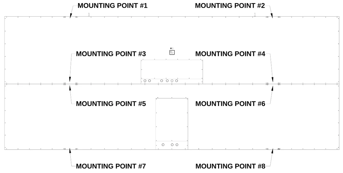 Figure 3 Mounting Points — MOUNTING POINT #1, MOUNTING POINT #2, MOUNTING POINT #3, ELE CTRO-MECH SCOREBOARD CO., #3 In dustria l Par kway P .O. B ox 102 W rightsville, GA 31096-0102, L I S ED T, ANS I/UL-1433 & AN SI/U L-4 8, R, US, CON FO RMS TO, ETL L IS T ED EL ECT RIC SIGNS AND CONTROL CENT ERS F OR CHANGINE MESSAGE T YPE EL ECT RIC SIGNS, C heck with t he appli cable state and o l cal codes before installation, Elect ric shock hazard: Disconnect power before se rvicing equipment, CAUTION, MOUNTING POINT #4, MOUNTING POINT #5, MOUNTING POINT #6, MOUNTING POINT #7, MOUNTING POINT #8