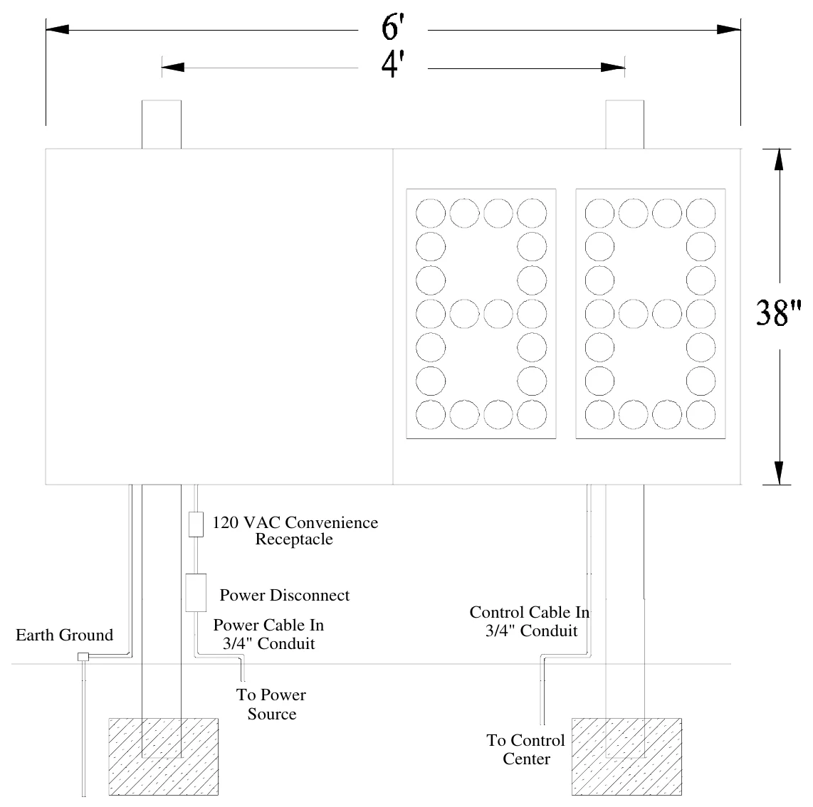Figure 2 MP-320 with Optional Side Sponsor Panel Post Spacing — 120 VAC Convenience Receptacle, Power Disconnect, Control Cable In 3/4" Conduit, Power Cable In 3/4" Conduit, Earth Ground, To Power Source, To Control Center
