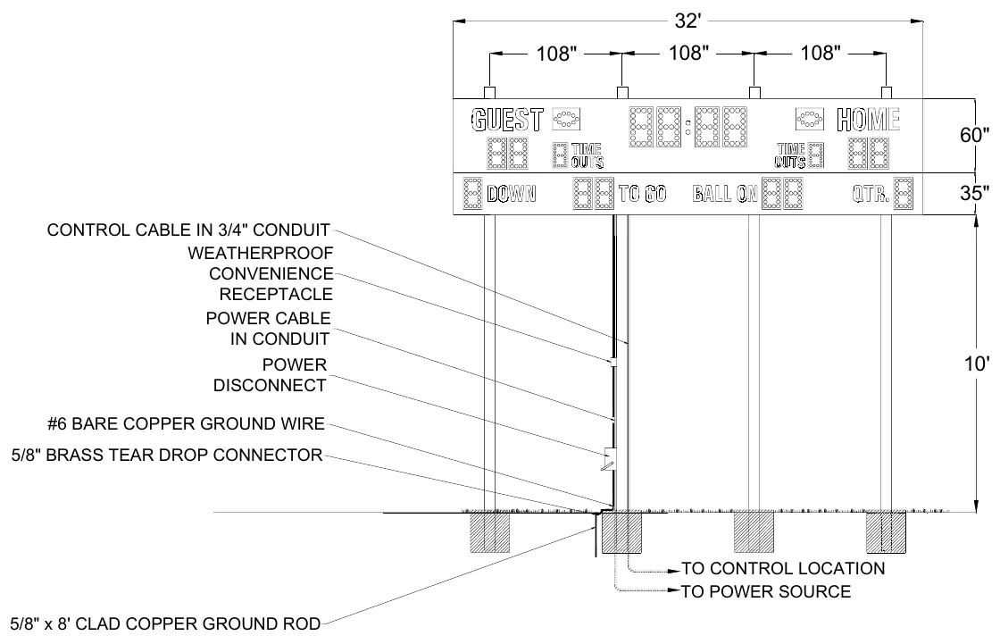 Figure 1 MP-374 Post Spacing — 32', 108", 108", 108", 60", 35", CONTROL CABLE IN 3/4" CONDUIT WEATHERPROOF CONVENIENCE RECEPTACLE POWER CABLE IN CONDUIT, POWER DISCONNECT, 10', #6 BARE COPPER GROUND WIRE, 5/8" BRASS TEAR DROP CONNECTOR, TO CONTROL LOCATION TO POWER SOURCE, 5/8" x 8' CLAD COPPER GROUND ROD