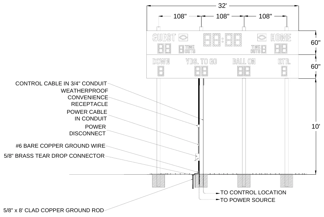 Figure 1 MP-378 Post Spacing — 32', 108", 108", 108", 60", 60", CONTROL CABLE IN 3/4" CONDUIT WEATHERPROOF CONVENIENCE RECEPTACLE POWER CABLE IN CONDUIT, POWER DISCONNECT, 10', #6 BARE COPPER GROUND WIRE, 5/8" BRASS TEAR DROP CONNECTOR, TO CONTROL LOCATION TO POWER SOURCE, 5/8" x 8' CLAD COPPER GROUND ROD