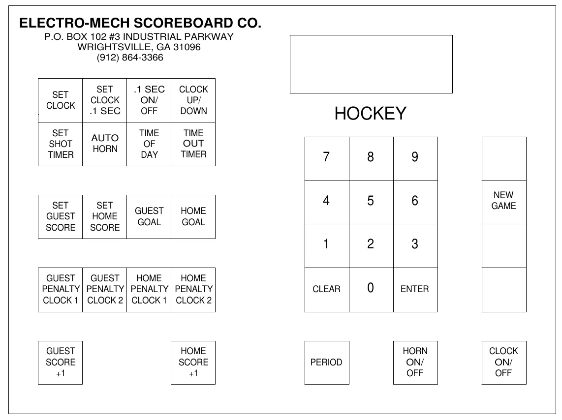 Figure 6 Keypad Layout — ELECTRO-MECH SCOREBOARD CO., P.O. BOX 102 #3 INDUSTRIAL PARKWAY WRIGHTSVILLE, GA 31096 (912) 864-3366, SET CLOCK, SET CLOCK .1 SEC, .1 SEC ON/ OFF, CLOCK UP/ DOWN, HOCKEY, SET SHOT TIMER, AUTO HORN, TIME OF DAY, TIME OUT TIMER, 7, 8, 9, 4, 5, 6, NEW GAME, SET GUEST SCORE, SET HOME SCORE, GUEST GOAL, HOME GOAL, 1, 2, 3, HOME HOME GUEST GUEST PENALTY PENALTY PENALTY PENALTY CLOCK 1 CLOCK 2 CLOCK 1 CLOCK 2, CLEAR, 0, ENTER, GUEST SCORE +1, HOME SCORE +1, HORN ON/ OFF, CLOCK ON/ OFF, PERIOD