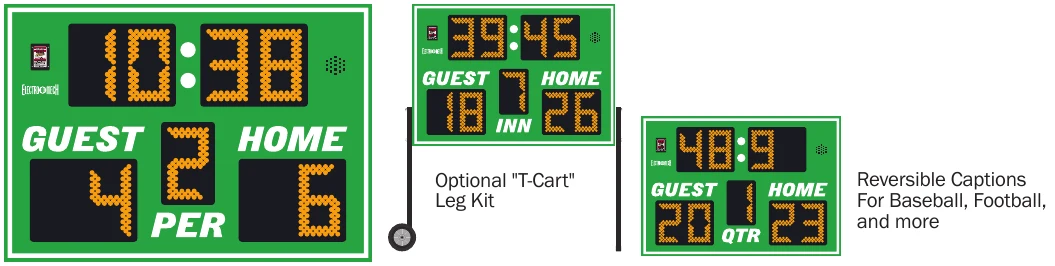 Model LX6324 scoreboard face — Outdoor, Portable Multi-Sport — Optional "T-Cart" Leg Kit; Reversible Captions For Baseball, Football, and more