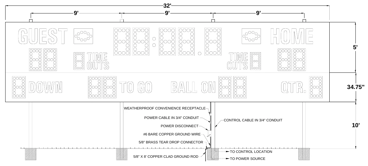 Figure 1 MP-374-TK Post Spacing — 32' 9', 9', 9', 5', 34.75", WEATHERPROOF CONVENIENCE RECEPTACLE, POWER CABLE IN 3/4" CONDUIT, CONTROL CABLE IN 3/4" CONDUIT, POWER DISCONNECT, 10', #6 BARE COPPER GROUND WIRE, 5/8" BRASS TEAR DROP CONNECTOR, TO CONTROL LOCATION, 5/8" X 8' COPPER CLAD GROUND ROD, TO POWER SOURCE