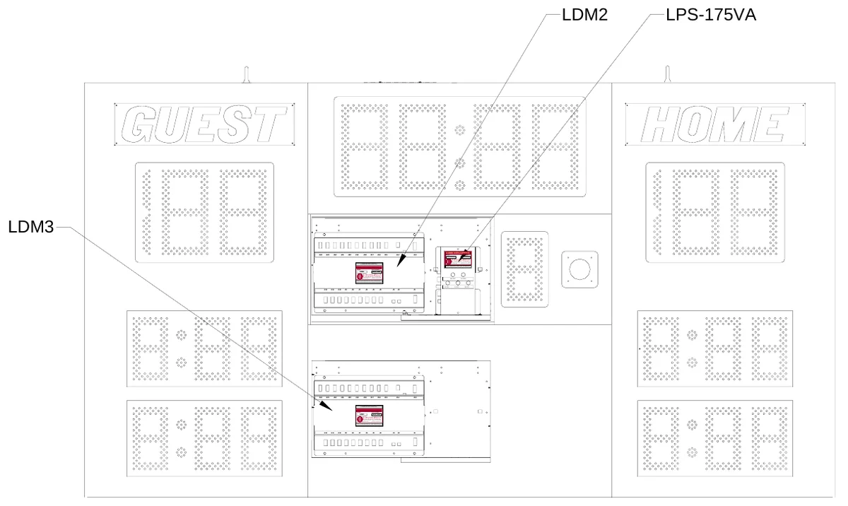 Figure 10 Scoreboard Electronics — LDM2, LPS-175VA, LDM3, J24, J23, J22, J21, J20, J19, J18, J17, J16, J15, J14, J13, Model:, POWER SUPPLY MODULE, A TTENTION: Observe precautions for handling electrostatic sensitive devices., LPS-175VA, Electro-Mech, Scoreboard Company, Serial Number:, Model:, LDM2, Scoreboard Company, Serial Number:, 3 Industrial Park wa y, Wrightsvil le, GA 31096 8 00-445-7846 www.ele ctro-m ech.com, AUG 2006, Electro-Mech, AUG 2006, Replace with fuses of same type and rating only., No user replaceable part s inside; return to factory for repair., 3 Industrial Park way, Wrightsvil le, GA 31096 8 00-445-7846 www.ele ctro-m ech.com, FU, F U, S E, 10A 250V, SE, FU, F U, S E, F U S E, 10A 250V, FU SE, J12, 1A 250V, SE, FU SE, F U S E, FU SE, J11, J10, J9, J8, J7, J6, J5, J4, J3, J2, J1, 1A 250V, 3A 250V, F U S E, J24, J23, J22, J21, J20, J19, J18, J17, J16, J15, J14, J13, Model:, LDM3, A TTENTION: Observe precautions for handling electrostatic sensitive devices., Electro-Mech, No user replaceable part s inside; return to factory for repair., Scoreboard Company, Serial Number:, 3 Industrial Park way, Wrightsvil le, GA 31096 8 00-445-7846 www.ele ctro-m ech.com, AUG 2006, J12, J11, J10, J9, J8, J7, J6, J5, J4, J3, J2, J1