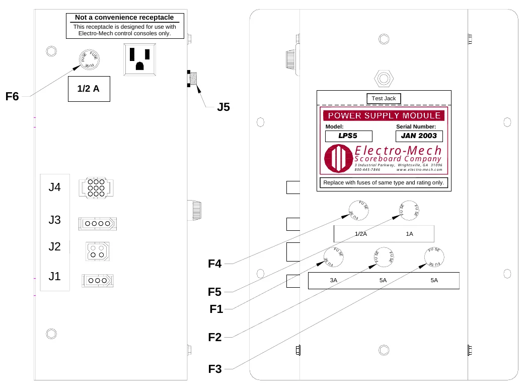 Figure 17 LPS5 Fuse Locations — Not a convenience receptacle, This receptacle is designed for use with Electro-Mech control consoles only., F U S, E, F U, S E, F U S E, 1/2 A, F6, Test Jack, J5, Model:, Serial Number:, LPS5, JAN 2003, Electro-Mech, Scoreboard Company, 3 Industrial Parkway, Wrightsville, GA 31096 800-445-7846 www.electro-mech.com, J4, Replace with fuses of same type and rating only., F U, S E, SE, F U S E, FU S E, J3, F U, 1/2A, 1A, J2, F U, S F U E, F4, SE, S E, F U SE, F U S E, FU, S F U E, J1, 3A, 5A, 5A, F5 F1, F2, F3