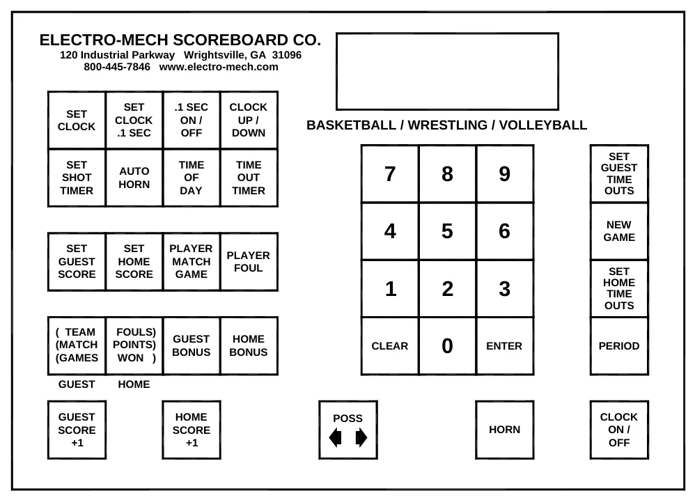 Figure 7 2550 Keypad Layout — ELECTRO-MECH SCOREBOARD CO., 120 Industrial Parkway Wrightsville, GA 31096 800-445-7846 www.electro-mech.com, SET CLOCK, SET CLOCK .1 SEC, .1 SEC ON / OFF, CLOCK UP / DOWN, BASKETBALL / WRESTLING / VOLLEYBALL, SET GUEST TIME OUTS, SET SHOT TIMER, AUTO HORN, TIME OF DAY, TIME OUT TIMER, NEW GAME, SET GUEST SCORE, SET HOME SCORE, PLAYER MATCH GAME, PLAYER FOUL, SET HOME TIME OUTS, ( TEAM (MATCH (GAMES, FOULS) POINTS) WON ), GUEST BONUS, HOME BONUS, CLEAR, ENTER, PERIOD, GUEST, HOME, GUEST SCORE +1, HOME SCORE +1, POSS, CLOCK ON / OFF, HORN