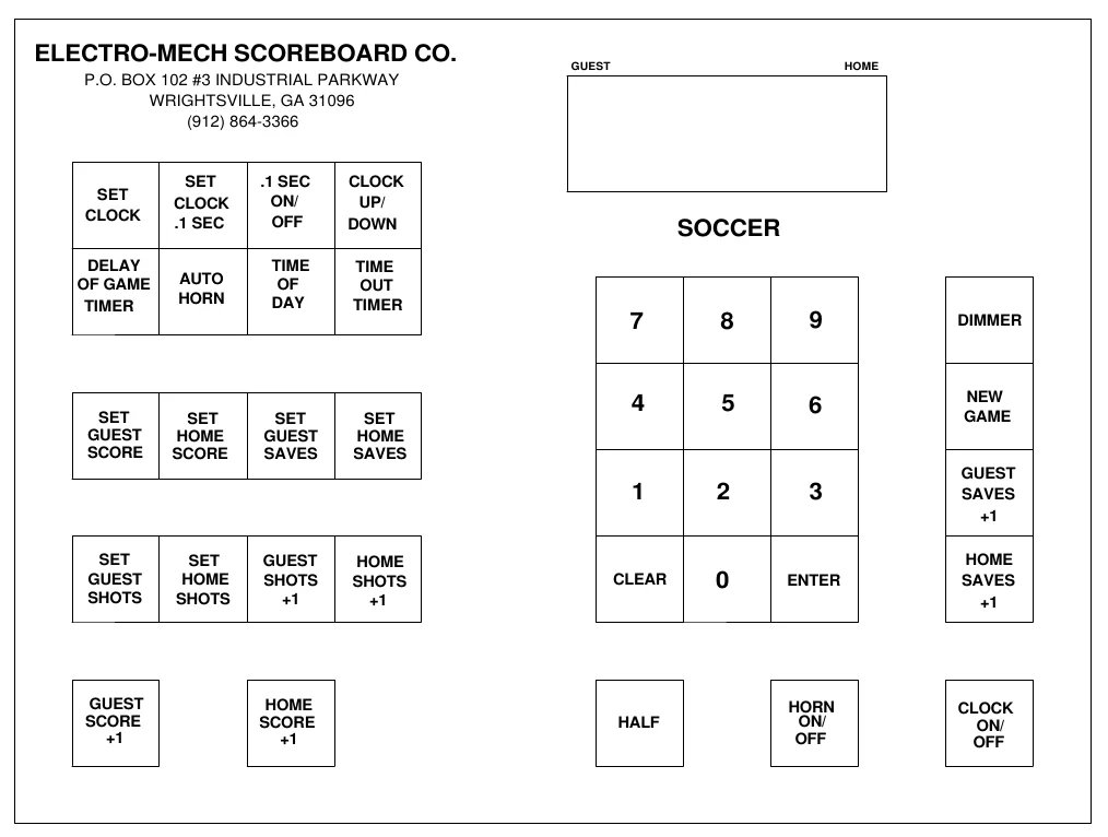 Figure 12 Keypad Layout — ELECTRO-MECH SCOREBOARD CO., GUEST, HOME, P.O. BOX 102 #3 INDUSTRIAL PARKWAY WRIGHTSVILLE, GA 31096 (912) 864-3366, SET CLOCK .1 SEC, .1 SEC ON/ OFF, CLOCK UP/ DOWN, SET CLOCK, SOCCER, DELAY OF GAME TIMER, TIME OF DAY, AUTO HORN, TIME OUT TIMER, 7, 8, 9, DIMMER, 4, 5, 6, NEW GAME, SET GUEST SCORE, SET HOME SCORE, SET GUEST SAVES, SET HOME SAVES, GUEST SAVES +1, 1, 2, 3, SET GUEST SHOTS, SET HOME SHOTS, GUEST SHOTS +1, HOME SHOTS +1, HOME SAVES +1, CLEAR, 0, ENTER, GUEST SCORE +1, HOME SCORE +1, HORN ON/ OFF, CLOCK ON/ OFF, HALF